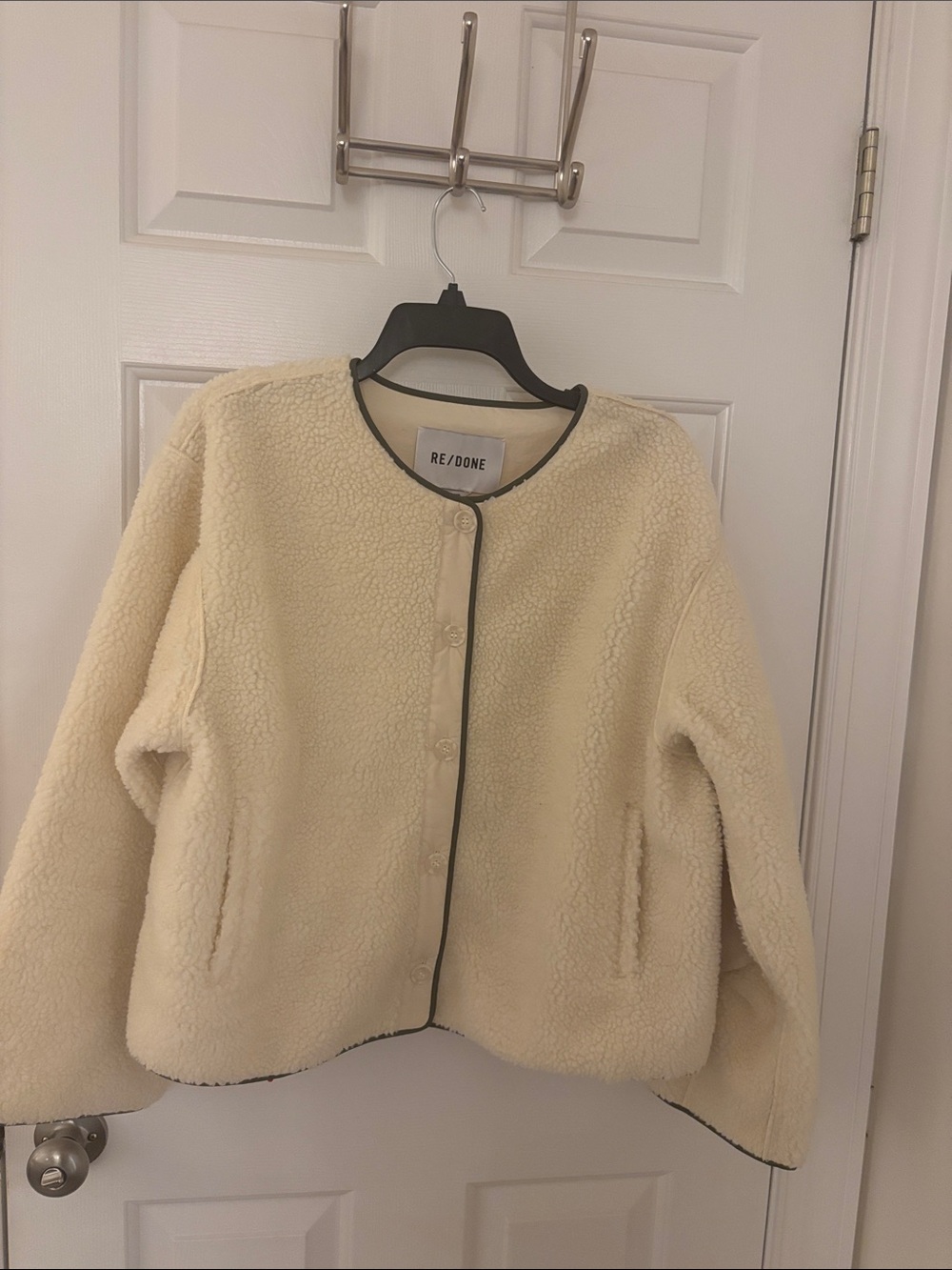 Re/Done Cream Sherpa Jacket with Contrast Trim